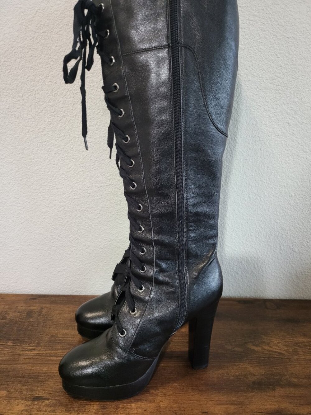 Colin Stuart Black Leather Lace-Up Platform Knee Boots Victoria's Secret 8.5